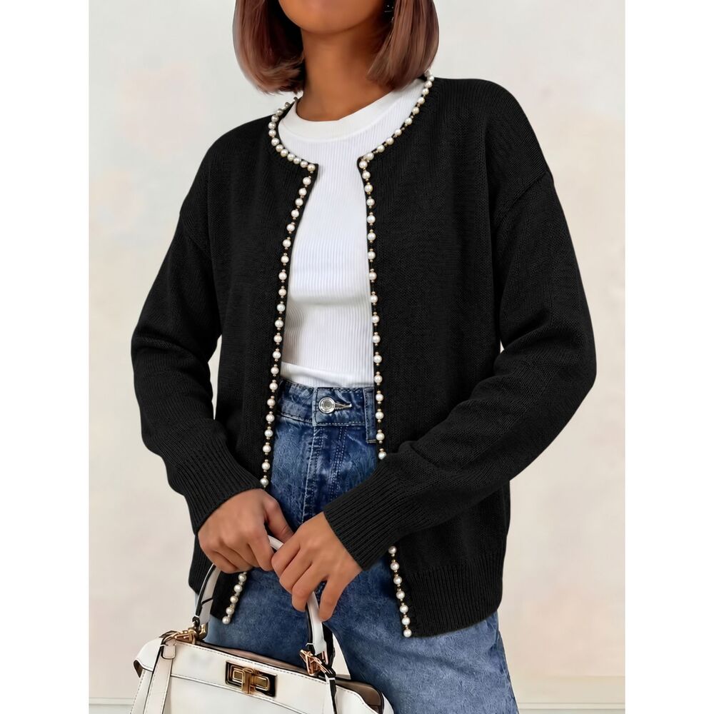 Women’s 5XL Black Pearl Beaded Open Front Cardigan Sweater Long Sleeve Elegant